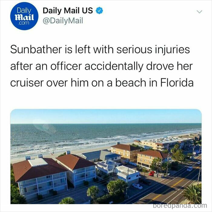 Tweet about a sunbather injured by a police cruiser on a Florida beach, illustrating unhinged news headlines in America.