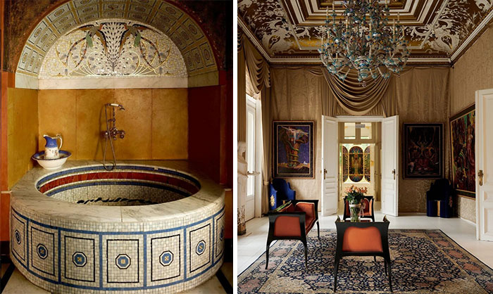 Elegant bold and beautiful interiors featuring a vintage tiled round bathtub and a luxurious living room with chandelier and artwork.