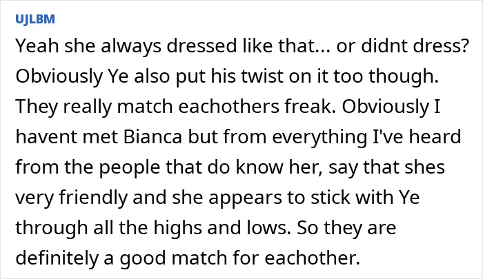 User comment about Bianca Censori and Kanye, mentioning bold outfits and their relationship dynamics.