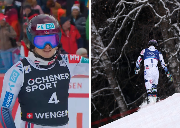Skiers competing in intense races during the 2026 Winter Olympics showcasing wild and bizarre moments on snowy slopes.