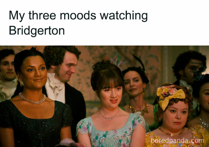 Three women in Bridgerton period costumes showing varied emotions while watching the show Bridgerton memes fans love.