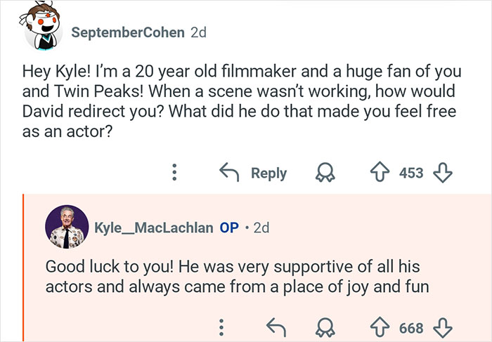 Kyle MacLachlan from Twin Peaks responding to fan questions about acting and director David L***h's support.