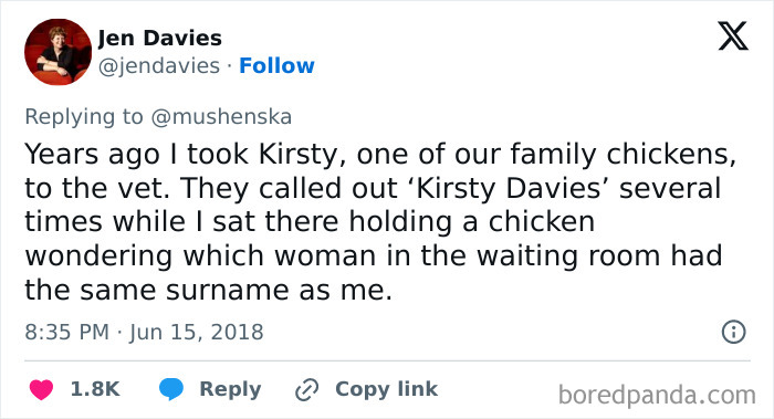 Tweet showing a funny story about a chicken's ridiculous pet name at the vet, part of shared pet names online.