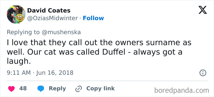 Tweet showing a person sharing a ridiculous pet name called Duffel, highlighting funny pet names people share online.