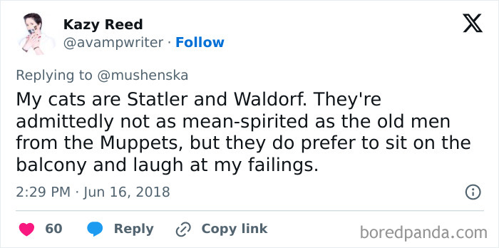 Tweet sharing ridiculous pet names Statler and Waldorf with a humorous description of cat behavior on a balcony.