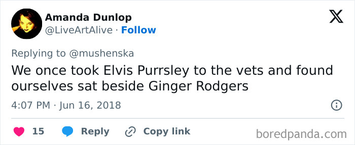 Screenshot of a tweet sharing one of the ridiculous pet names people just had to share, featuring Elvis Purrsley.