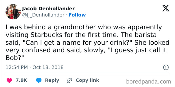 Tweet showing a boomer confused by technology, trying to give a coffee order name, illustrating boomers’ tech failures.