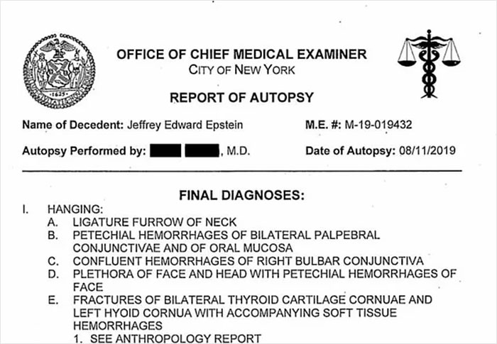 Autopsy report from New York medical examiner detailing findings in Jeffrey Epstein’s post mortem examination. Autopsy report from New York medical examiner detailing findings in Jeffrey Epstein’s post mortem examination.