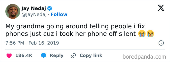 Tweet showing a boomer’s failed attempt at technology by taking a phone off silent and claiming to fix it.