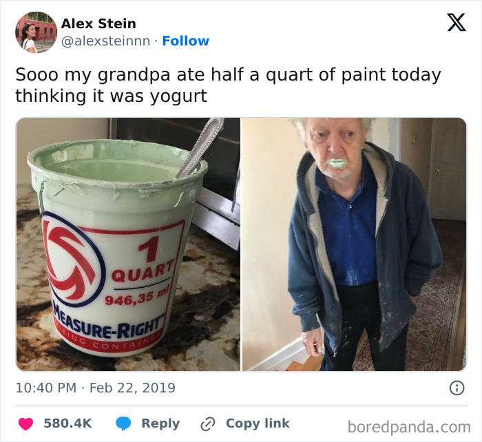 Elderly man accidentally eating paint instead of yogurt, showing a humorous example of boomers struggling with technology and mistakes.