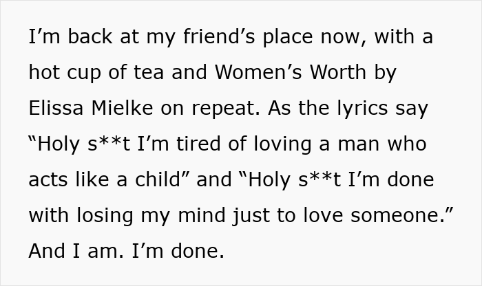 Text on screen showing a woman expressing frustration about a drunk boyfriend acting like a jerk and being done with him.