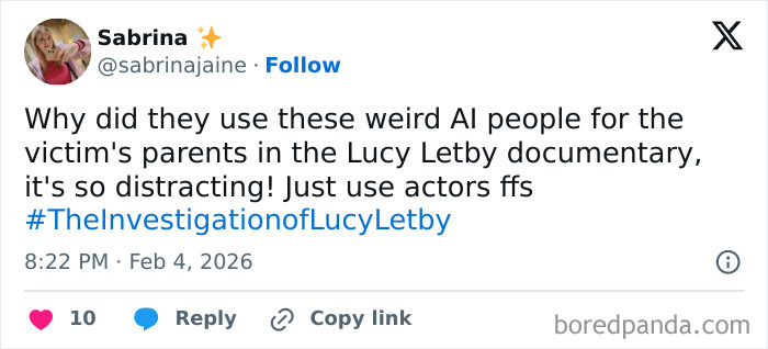 Tweet criticizing Netflix&rsquo;s creative decision using AI people, making the Lucy Letby documentary hard to watch.
