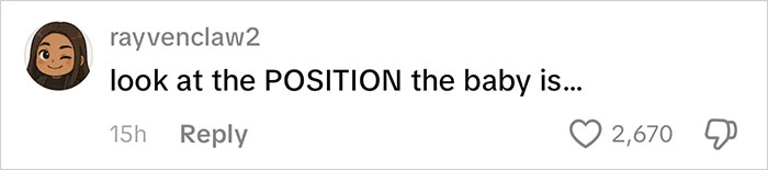Screenshot of a social media comment by user rayvenclaw2 highlighting the baby's position, related to Frida Mom marketing chaos.