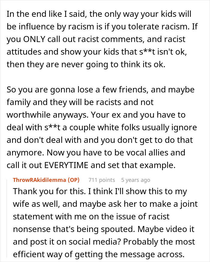 Text discussing confronting racism and raising children without racist attitudes, related to wife&rsquo;s secret exposed after childbirth.