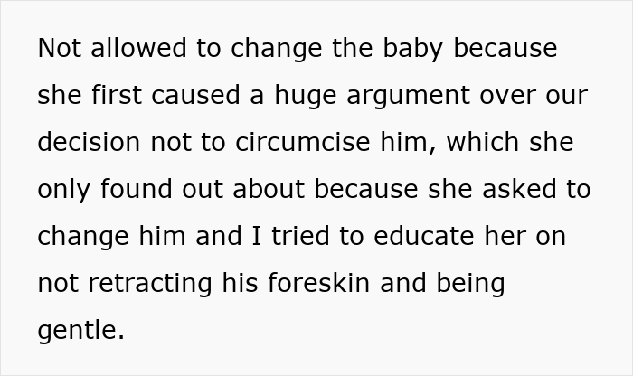 Text discussing a family dinner conflict caused by a rude mother over baby care and circumcision decisions.