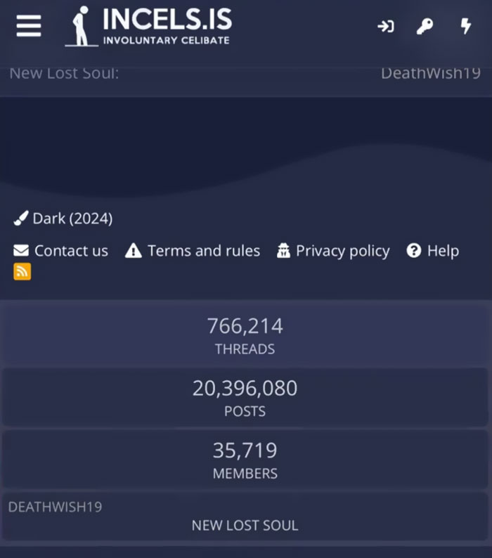 Screenshot of incel forums showing member stats and navigation, highlighting women going undercover in incel forums research.
