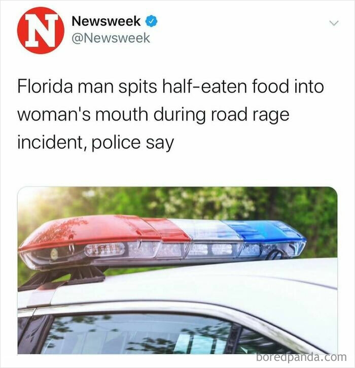 Police car light bar with caption about Florida man spitting food during road rage, illustrating unhinged news headlines in America.