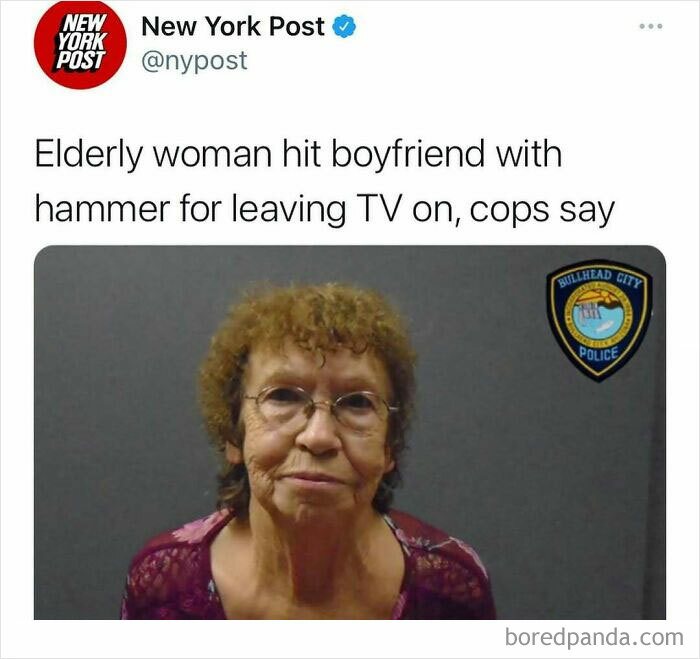 Elderly woman mugshot from police department featured in unhinged news headlines about America.