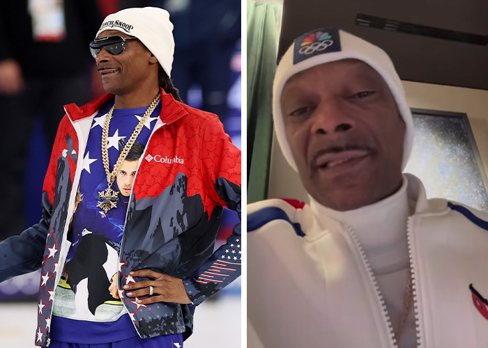 Snoop Dogg dressed in patriotic winter gear at the 2026 Winter Olympics showcasing wild and bizarre moments of the event.
