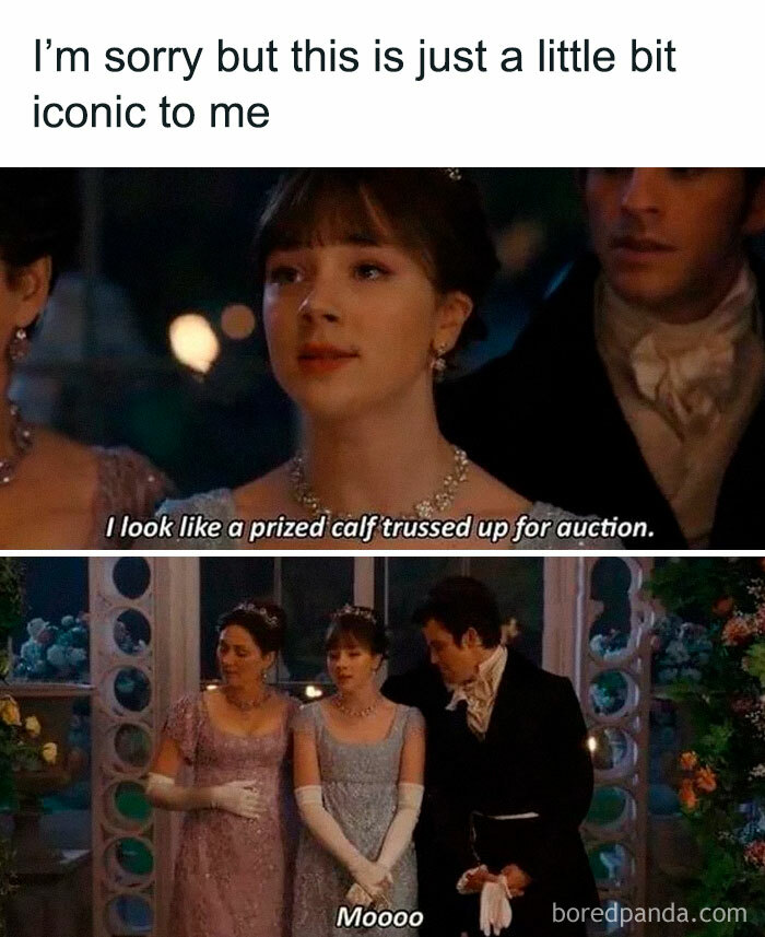 Scene from Bridgerton with characters in period costumes delivering a humorous meme about fashion and identity.