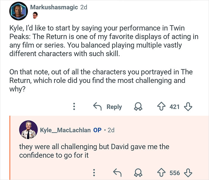 Reddit Q&A with Kyle MacLachlan discussing his challenging roles in Twin Peaks and acting confidence.