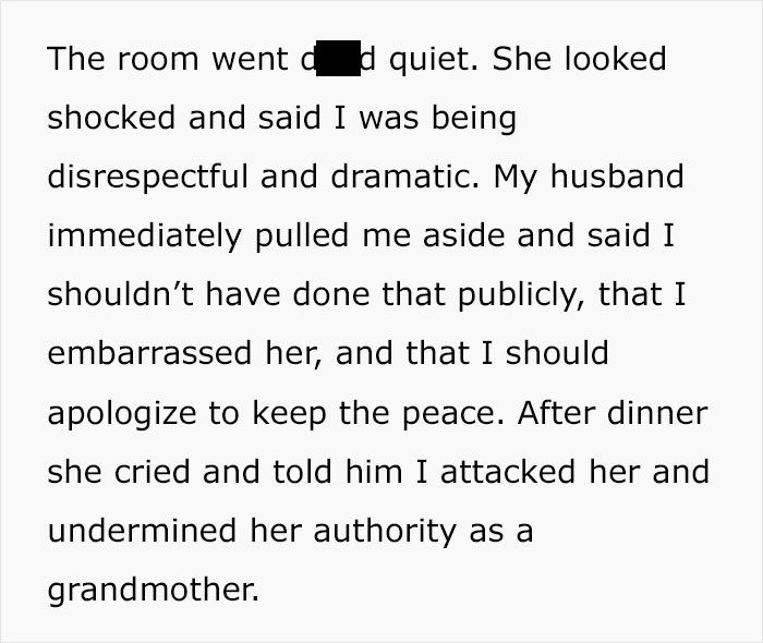 Text excerpt showing a tense family moment where a woman shames her MIL in front of everyone.