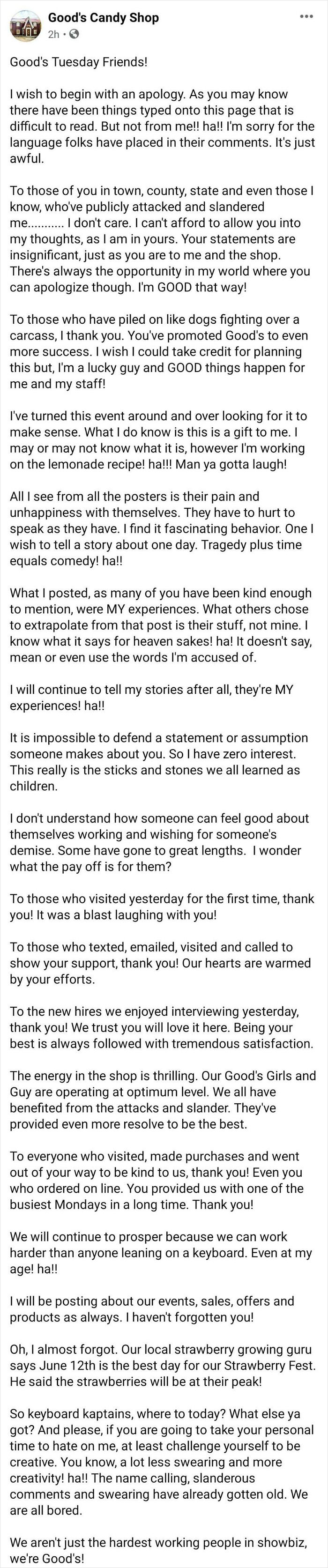 An Update To Good's, The Owner's Non-Apology. Yikes