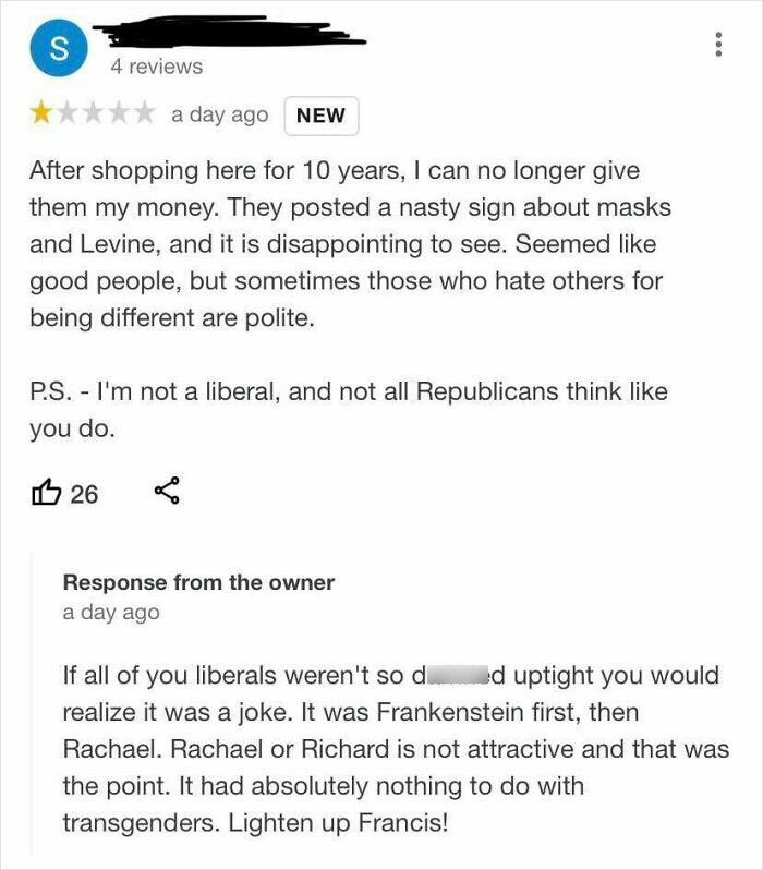 Beer Store Owner Unhappy With The "Liberals" Giving One Star Reviews After Putting Up Sign Mocking Rachel Levine