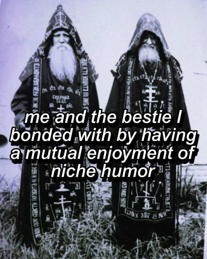 Two elderly men in religious robes with beards, representing niche humor bonding in hilarious memes context.