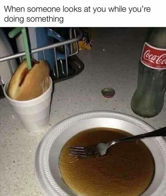 Funny meme showing a sandwich in a cup with a straw and a fork in a bowl of syrup, capturing hilarious moments.