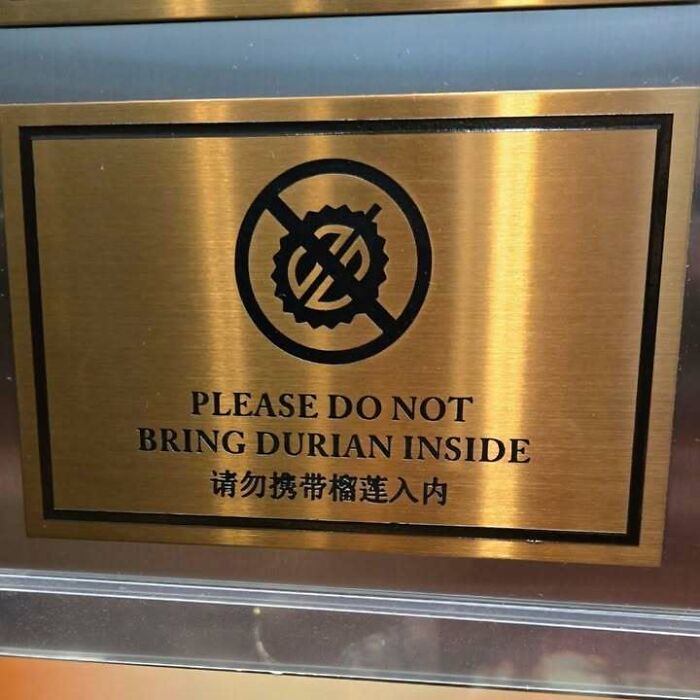 Metal sign in English and Chinese warning not to bring durian inside, a hilarious meme with unclear explanation.