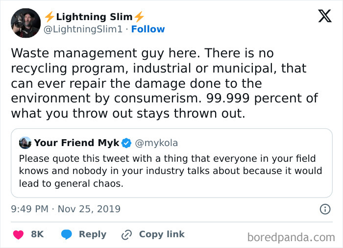 Tweet discussing the irreversible environmental damage caused by consumerism and waste management challenges.