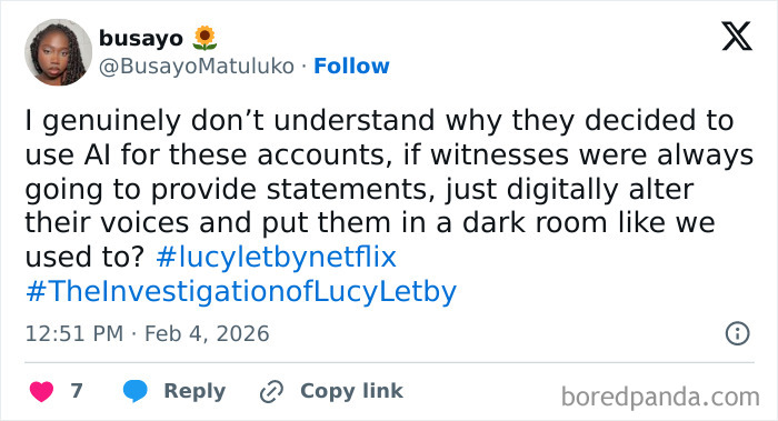 Tweet criticizing Netflix's creative decision using AI voices in the Lucy Letby documentary, sparking backlash.