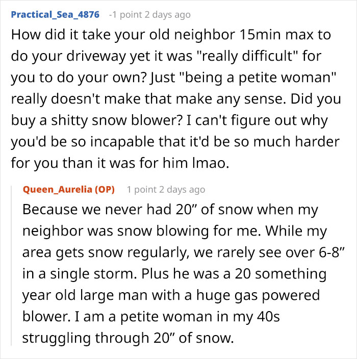 Online discussion showing a woman refusing to lend her new snow blower to an unfamiliar neighbor, causing debate.