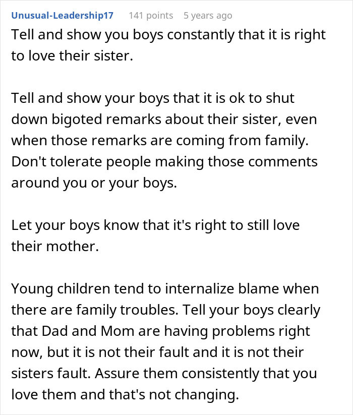 Comment discussing teaching boys to love their sister and reject bigoted remarks in family settings about a black child.