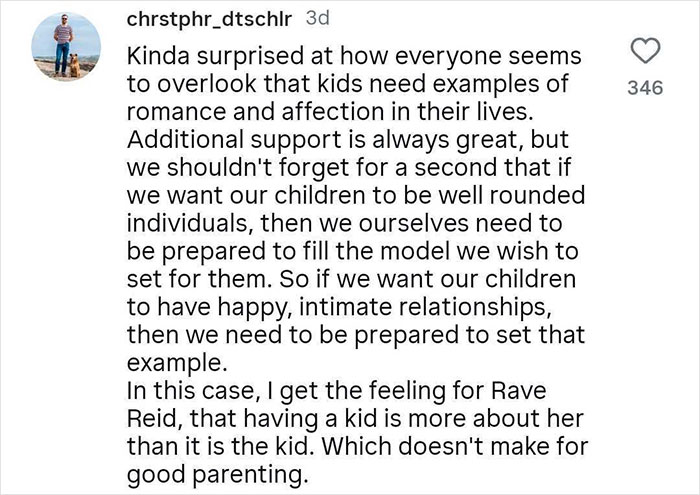 Comment discussing the pros and cons of platonic co-parenting and its impact on raising well-rounded children.