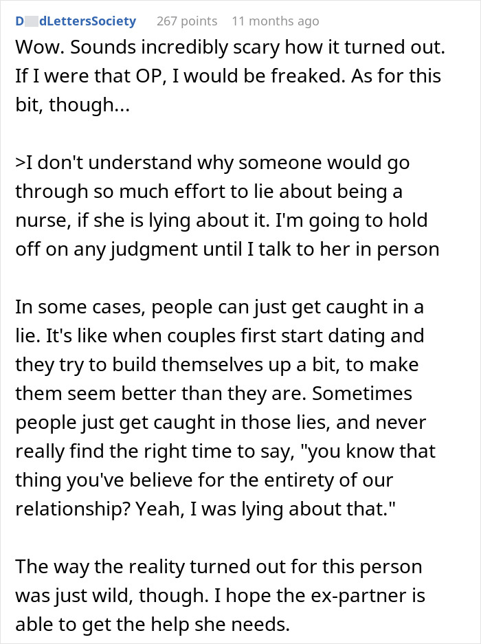 Reddit comments discussing a woman who transitioned from psychiatric nurse to psychiatric patient after her secret was revealed.