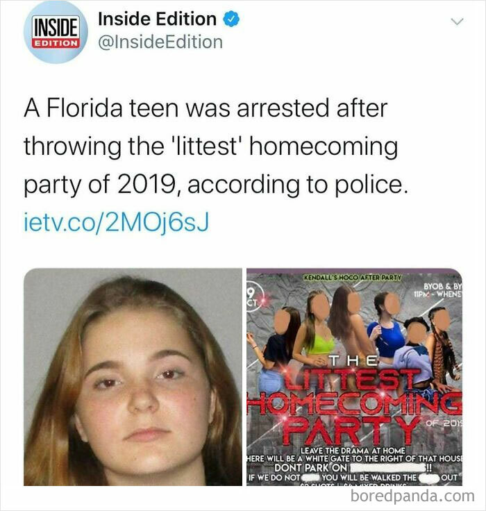Screenshot of a social media post about a Florida teen arrested for throwing the littest homecoming party, illustrating unhinged news headlines.