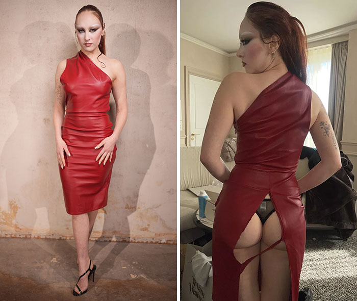 Chappell Roan wearing a bold red leather dress with a cutout back, showcasing edgy fashion and brain malfunction style.