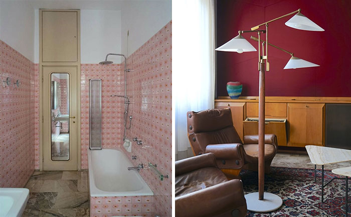 Bathroom with bold pink patterned tiles and modern fixtures showcasing beautiful interiors design.