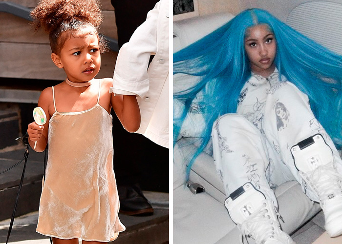 Young girl holding lollipop and woman with long blue hair and glasses, showing celebrity decade transformation.