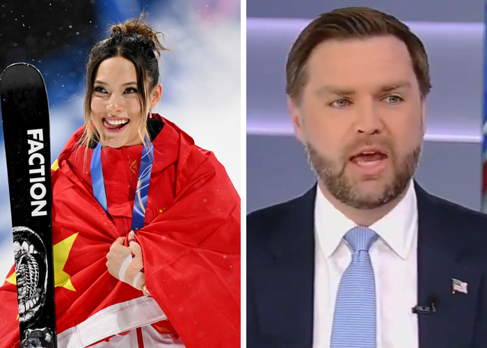 Female skier wrapped in a red flag holding skis and a man in a suit discussing wildest bizarre moments Winter Olympics 2026
