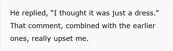 Text excerpt showing a wife hurt about husband&rsquo;s reaction to her wedding look expressing upset feelings online.