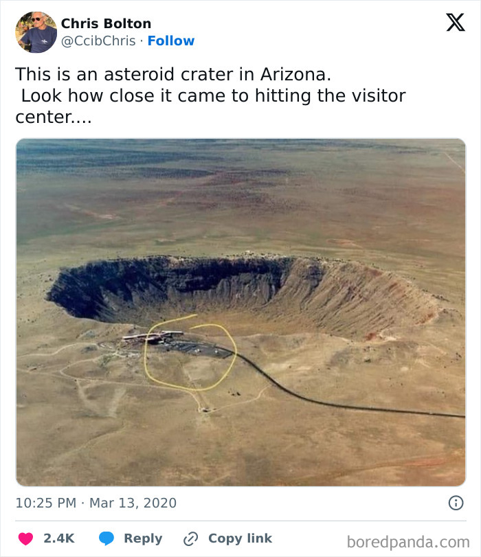 Aerial view of the Arizona asteroid crater near the visitor center, highlighting geography in a natural landscape.
