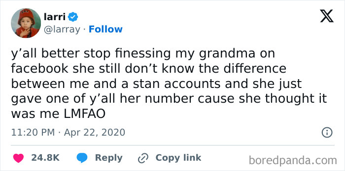 Tweet showing a boomer struggling with technology, confusing social media accounts and sharing a phone number by mistake.