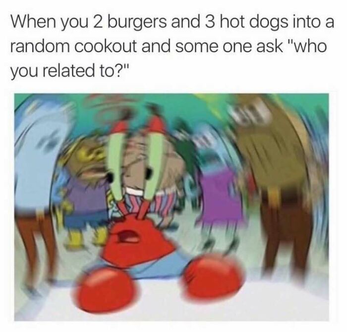 Blurry SpongeBob meme showing Mr. Krabs shocked at a cookout, part of hilarious memes that don't explain themselves.