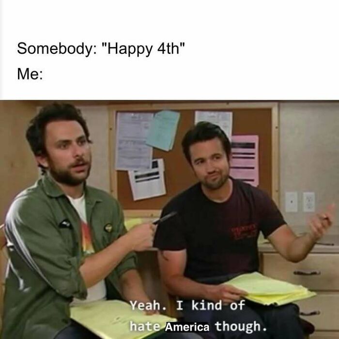 Two men sitting in an office setting, one commenting humorously about America in a relatable meme format.