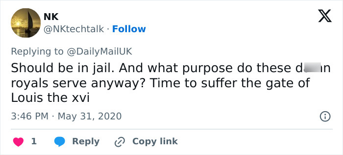 Screenshot of a critical tweet about royals, reflecting public opinion on Prince Andrew's arrest impact on King Charles. Screenshot of a critical tweet about royals, reflecting public opinion on Prince Andrew's arrest impact on King Charles.