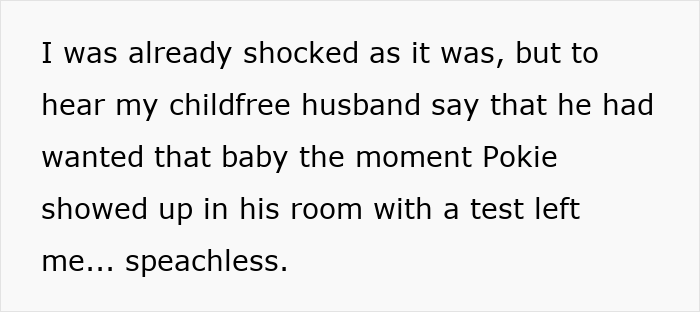 Text excerpt describing shock over a childfree husband&rsquo;s cheating involving a test and emotional tension.