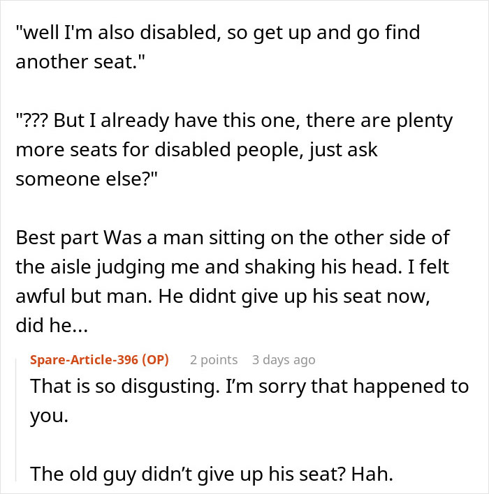 Person dealing with handicapped spot drama after confrontation with an entitled lady refusing to give up seat.